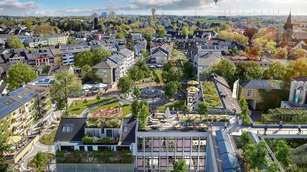 Das Bild zeigt das Rendering einer begr&uuml;nten Stadt mit nachhaltiger Infrastruktur.