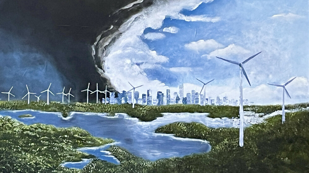 Das Bild zeigt eine Seenlanschaft mit Windr&auml;dern, im Hintergrund eine Skyline, aus der eine Rauchwolke aufsteigt.