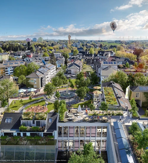 Rendering des Markplatzes in Haan mit vielen begr&uuml;nten Fl&auml;chen und beschattetetn Aufenthaltsorten.