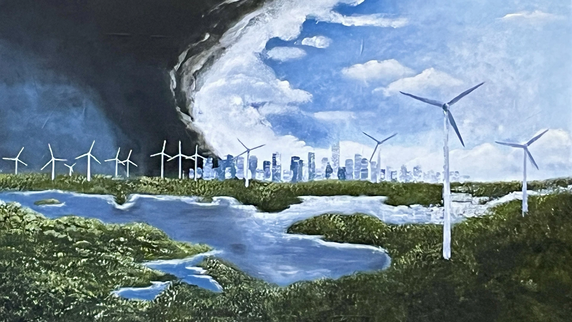 Das Bild zeigt eine Seenlanschaft mit Windr&auml;dern, im Hintergrund eine Skyline, aus der eine Rauchwolke aufsteigt.