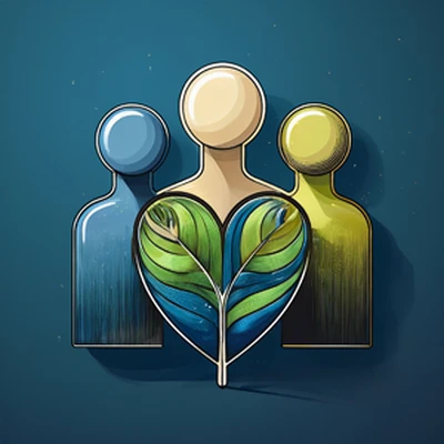 Drei stilisierte Personenfiguren mit gr&uuml;n-blauem Blatt in Herzform im Vordergrund