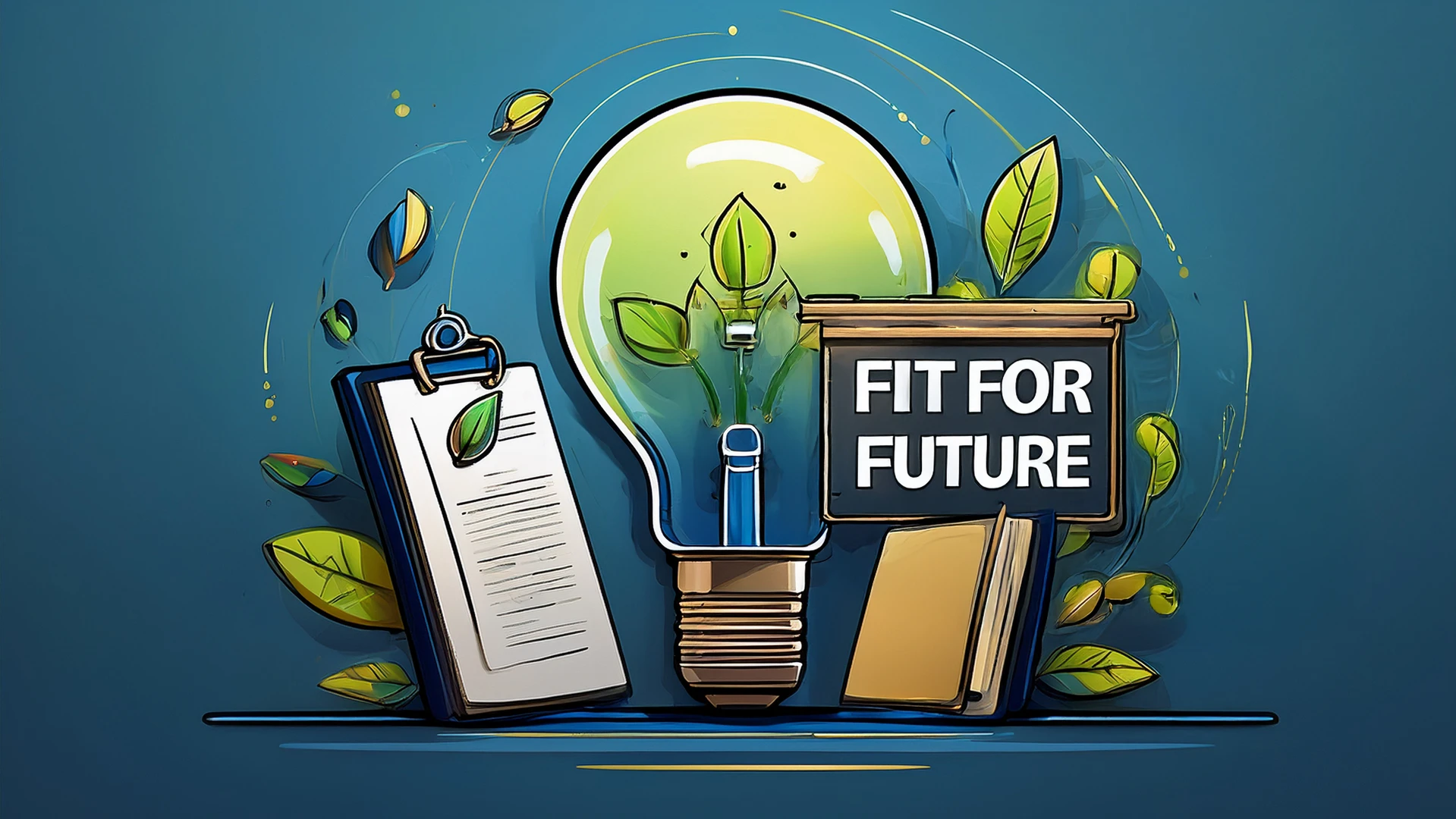 Nachhaltigkeitsmotiv mit Gl&uuml;hbirne, gr&uuml;nen Bl&auml;ttern, Clipboard und dem Schriftzug "Fit for Future"